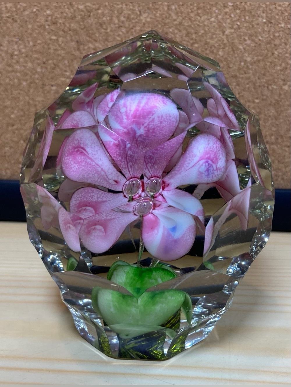 Unmarked 4.5” Bohemian Czech Faceted Clear Crystal Pink Flower Paperweight Vtg